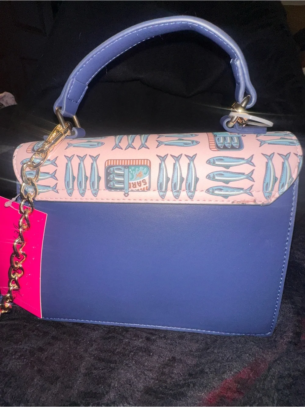 Betsey Johnson XOMYLO2 Sardine Fish Tin Top Handle Crossbody Bag Navy Multi NWT